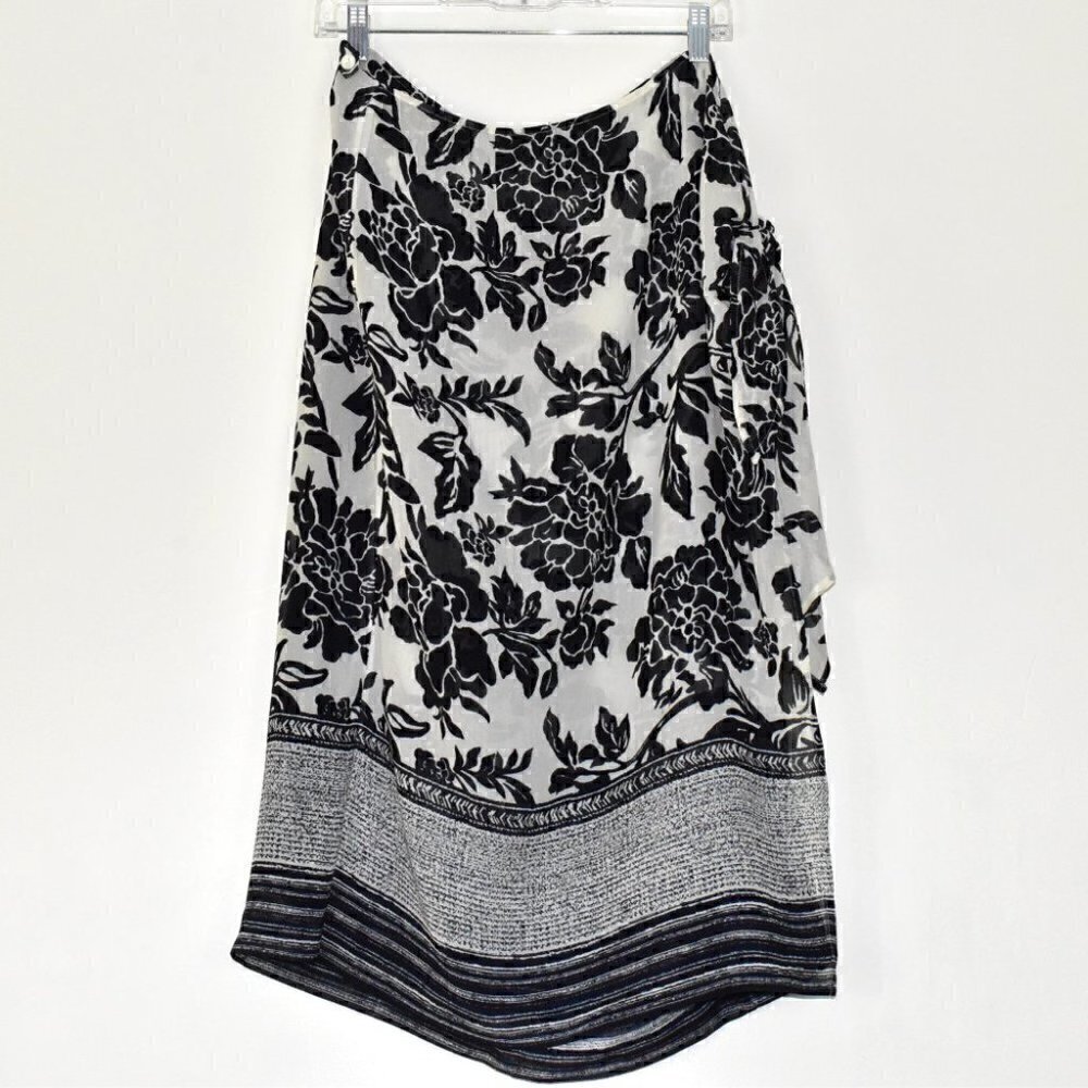 Talbots Petites All Season Silk Wool Overlay Navy Blue Cream Midi Skirt Size 14